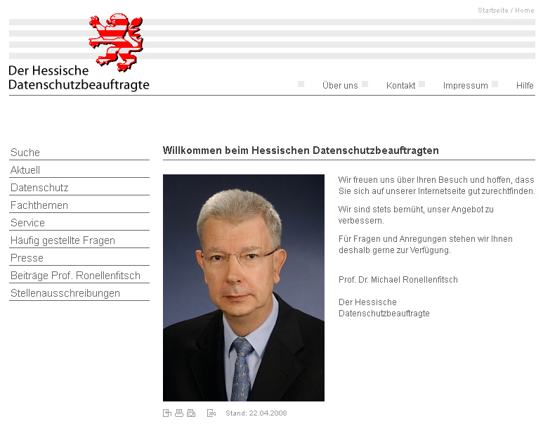 Datenschutz.Hessen.de. WebSite for the Hessian data protection. With selfmade CMS. In collaboration with Harald Vatter Balzar.