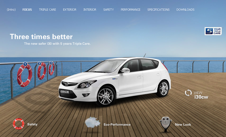 Hyundai i30. Flash microsite. Teamwork with mediaman and deepartmend. Here's an intermediate state with partially missing content.