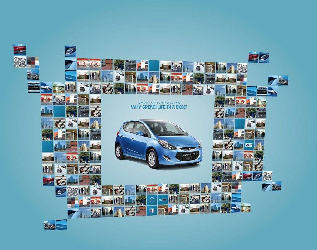 Hyundai ix20. Flash microsite. Teamwork with mediaman and deepartmend. Here's an intermediate state with partially missing content.