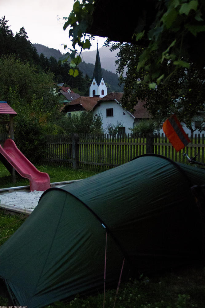 ﻿Everything we need. Today we camp at the school of Trbonje. There is playground, a roof, and nice neighbours even bring us apples and pears. The Slovenian people are really very hospitable.