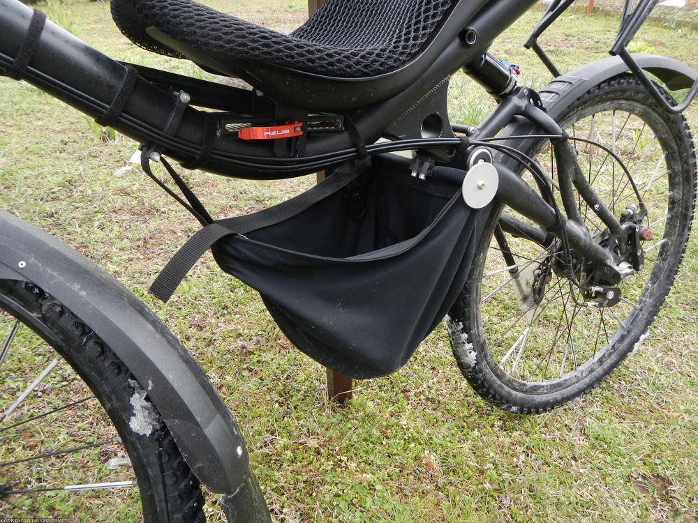 ﻿Heroes of my gear: My self-made hanging bag. Contained all those things I frequently needed. Saved me from fumbling around with the Radical recumbent bags too often. Great: can be accessed even without stopping.