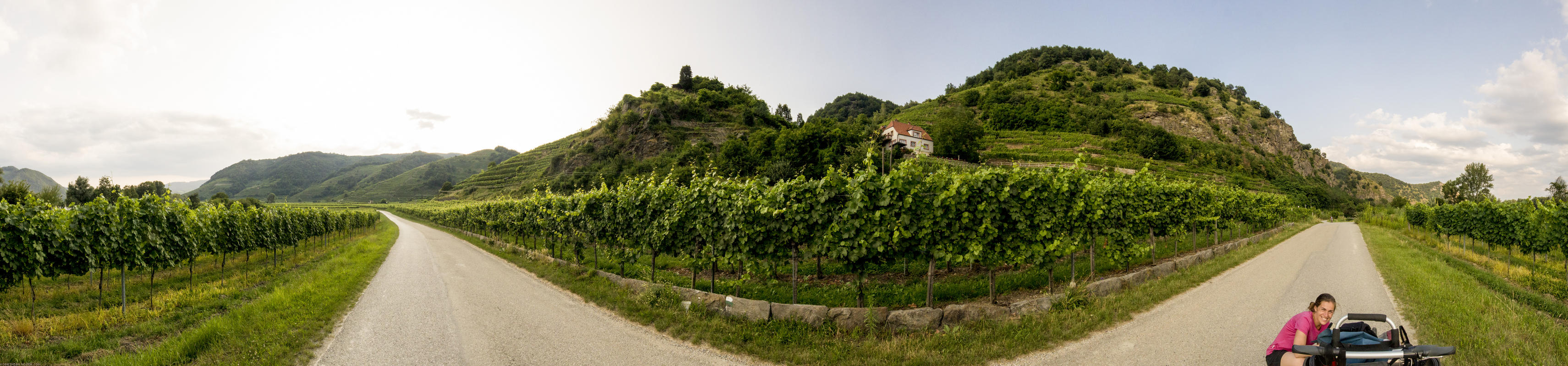 ﻿Absturzgefahr. Den letzten Berg mussten wir leider wieder runter laufen, da die Wege oben für unseren Chariot zu schmal wurden. Stattdessen Donauradweg. Auch schön, so un-anstrengend. Es entsteht jedoch ein Wunsch nach mehr Geschwindigkeit...