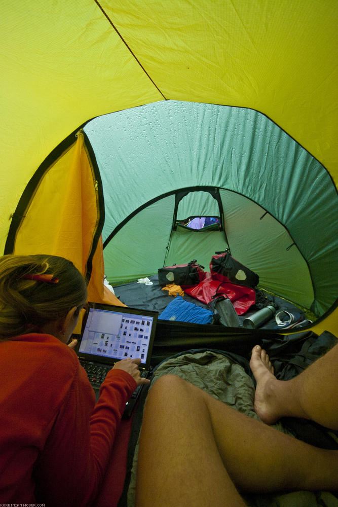 ﻿Comfortable. Our large tent protects us from the rain.