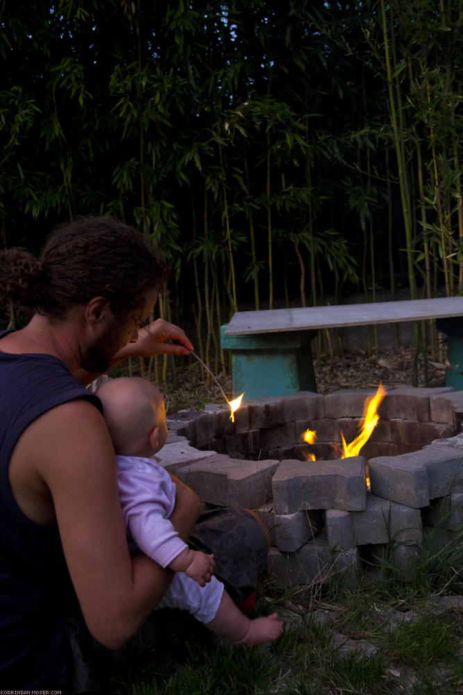 ﻿Barbecue evening. Fire playing with dad.