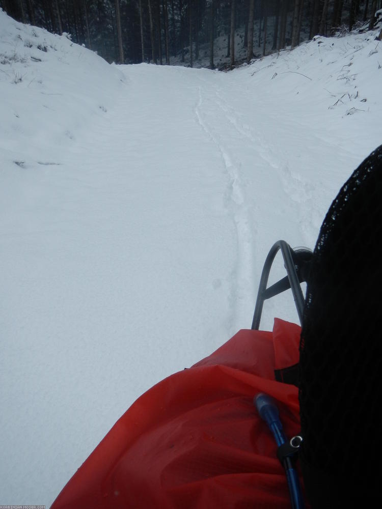 ﻿Austria. Deep snow. Bad luck! From now on exhausting bike pushing. But still better than riding back down the whole mountain and ride a large indirection around.